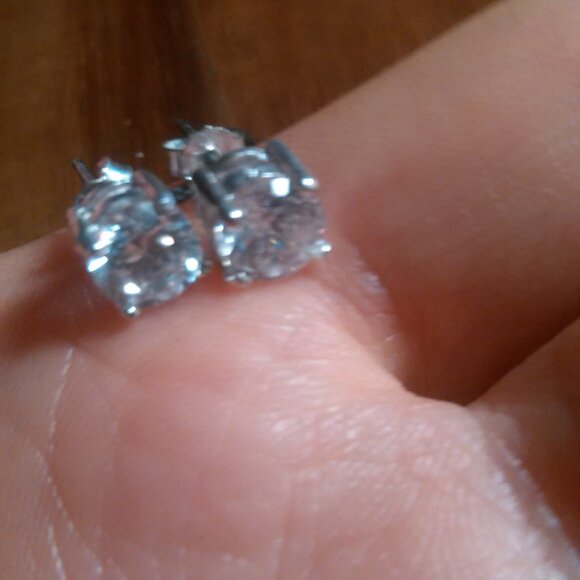 White Cubic Zirconia Sterling Silver Stud Earrings - Picture 6 of 11